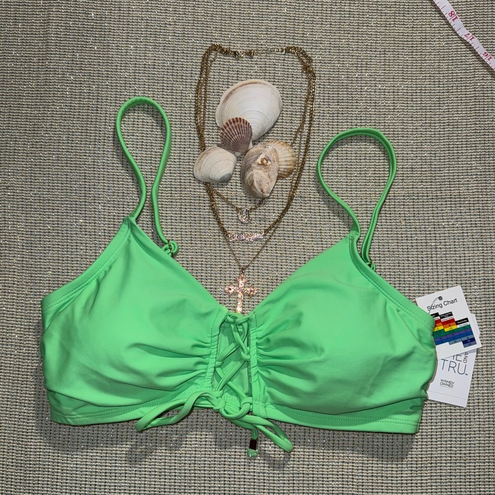 Women’s Green bikini top with adjustable straps and cross-over detail #beachy